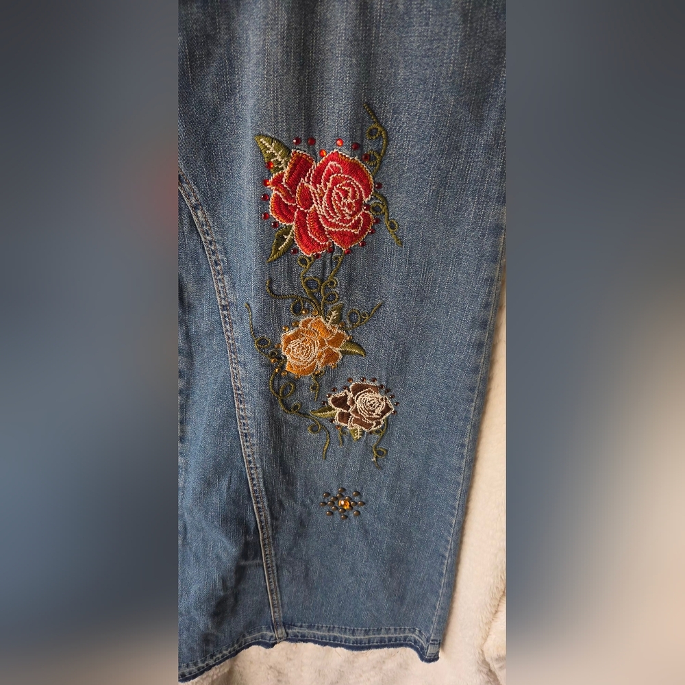 Vintage EMBROIDERED BEADED LONG DENIM FLOWING SKIRT 100% Cotton  Size 10 - Picture 9 of 10